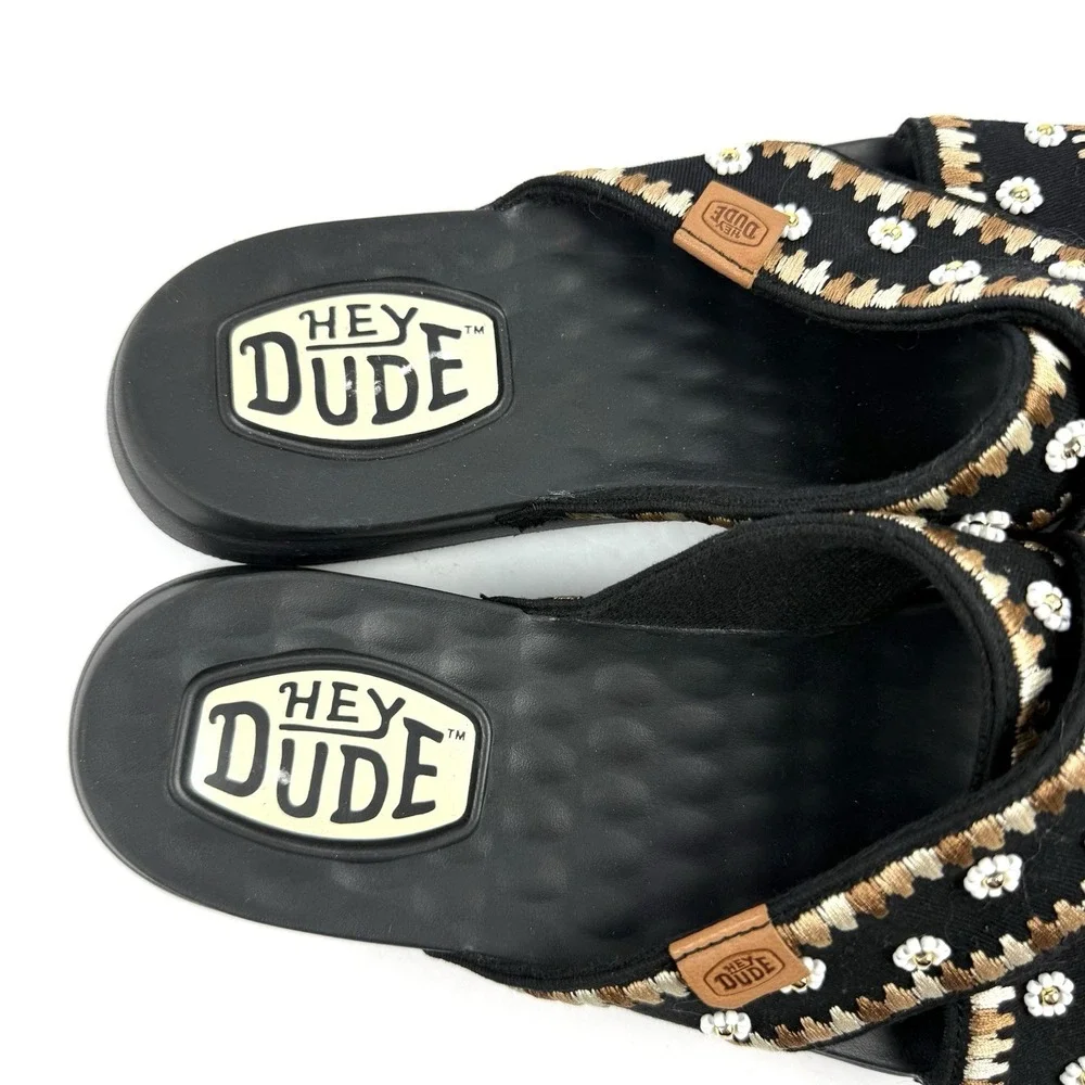 Hey Dude Christi Slides 10 Black‎ Embroidered Womens Slip On Shoes